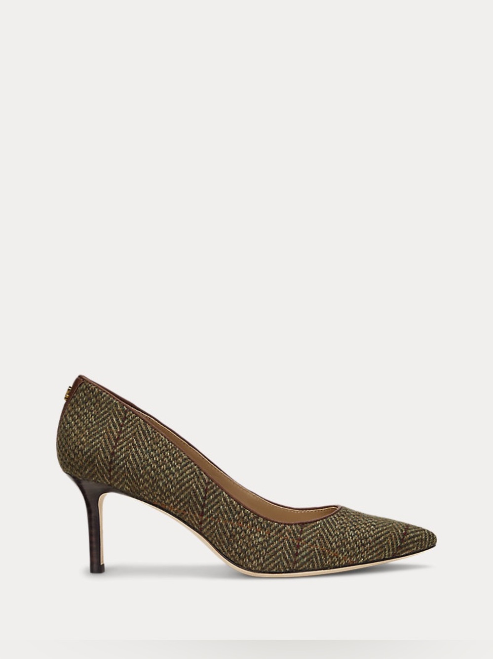 Pointed Toe Wool-Blend Pumps in Olive Herringbone